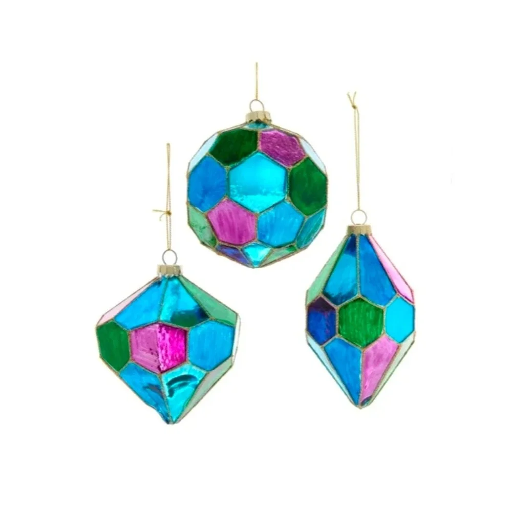 New Kurt Adler Set of 3 Stained Glass Style Geometric Christmas Ornaments